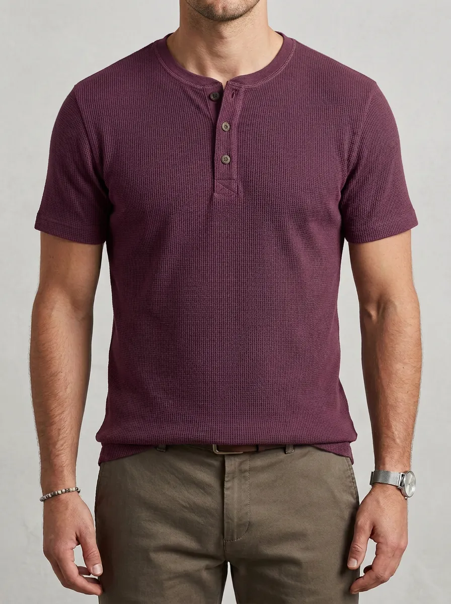 Men's Athletic Inspired Waffle Knit Button Placket Henley Shirt