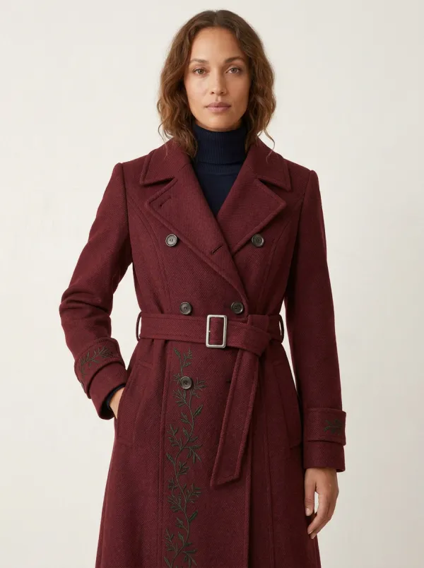 Women's Botanical Green Leaf Embroidered Wool Coat