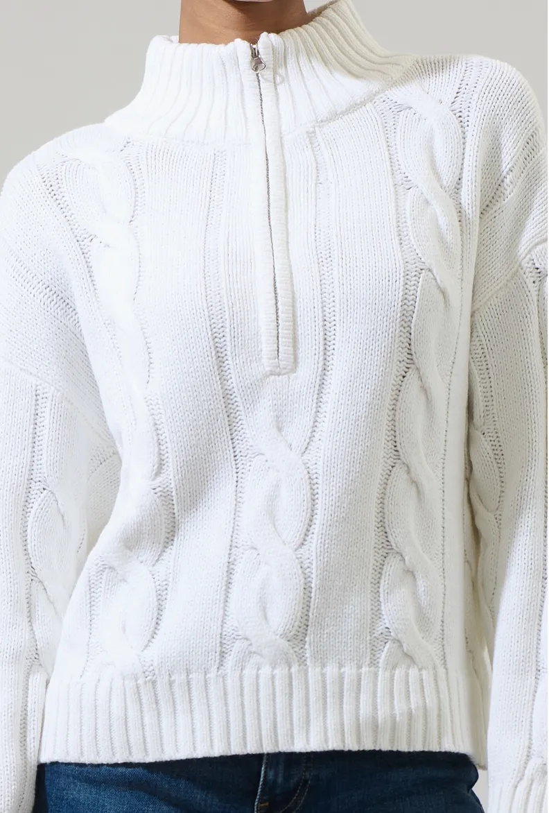 White Cable Knit Half Zip High Neck Sweater