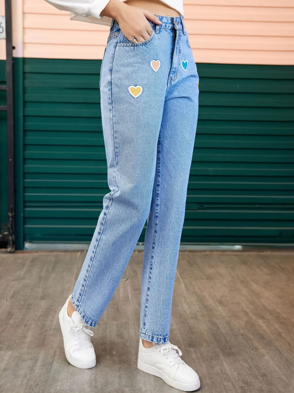 Heart Straight Leg Pocket Denim Jeans