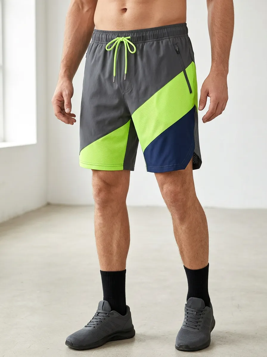 Men's Athletic Training Colorblock Neon Green Printed Shorts