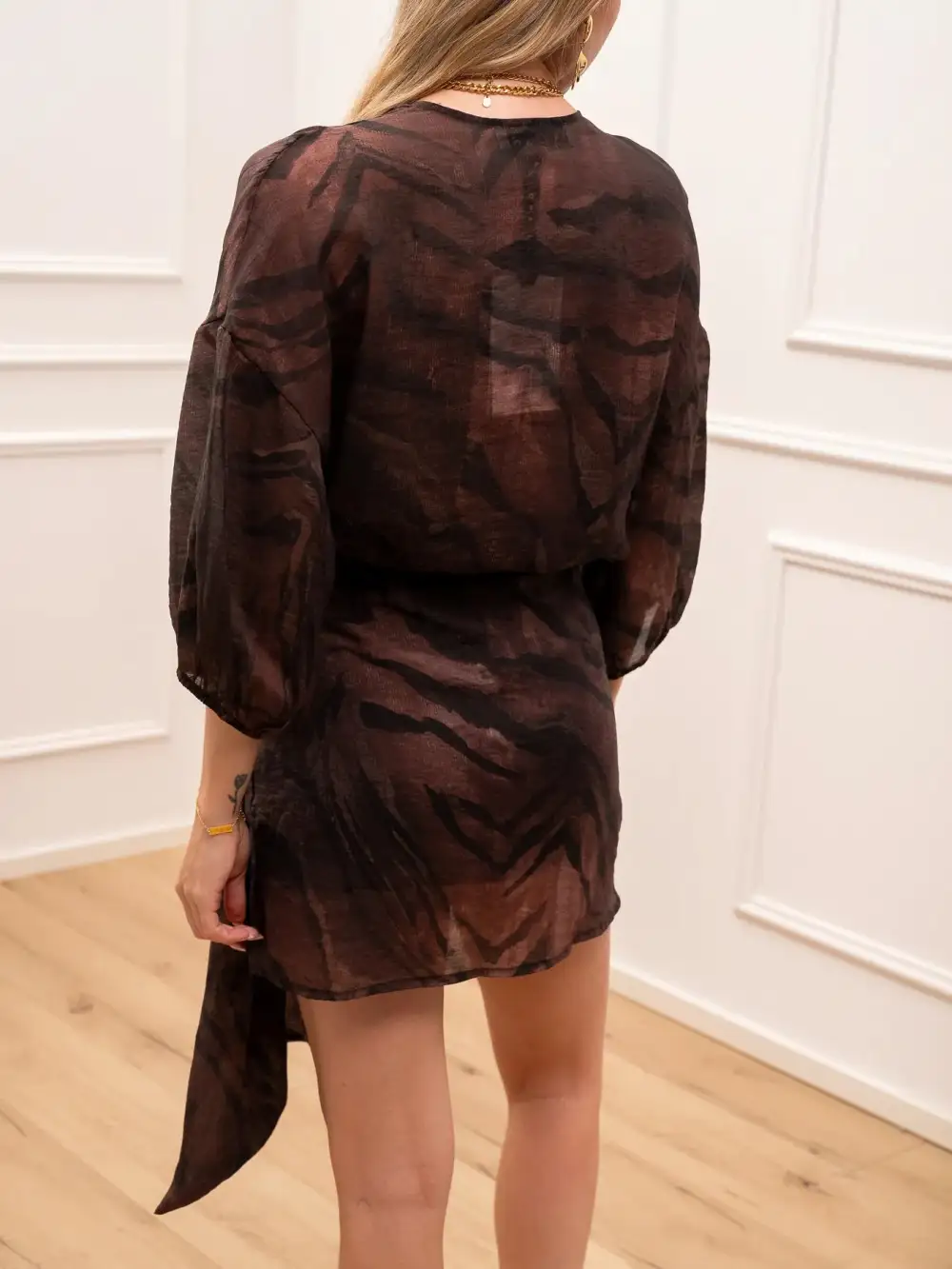 Wrap‑Front Long Sleeve Sheer Textured Mini Dress