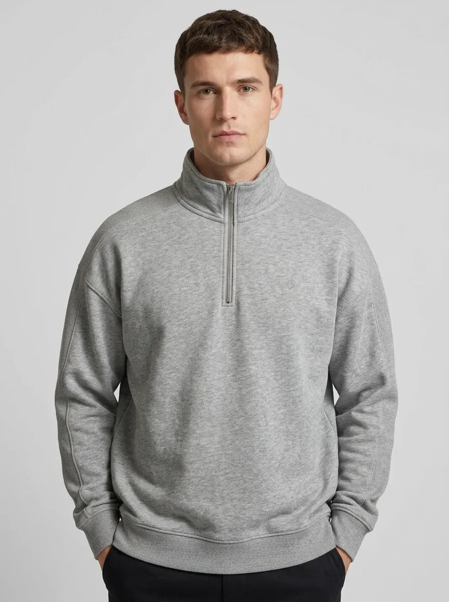 Men's Everyday Minimalist Textured Embroidered Emblem Stand-Collar Quarter-Zip Sweatshirt