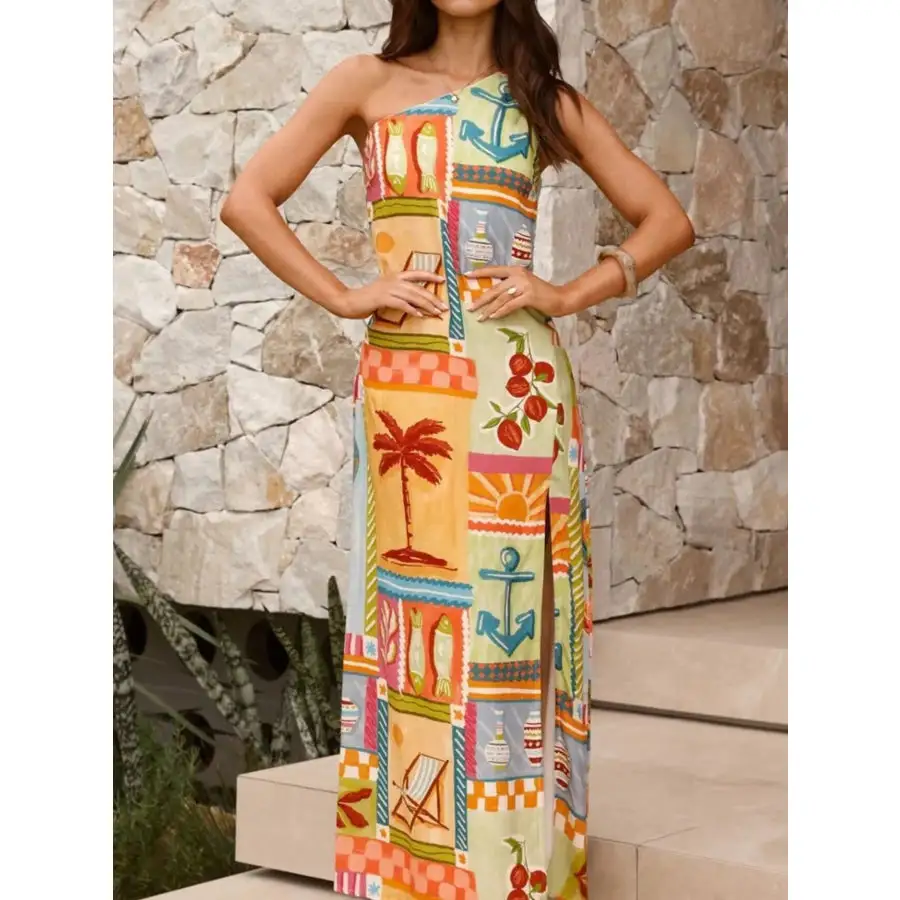 Slit Printed Single Shoulder Maxi Dress