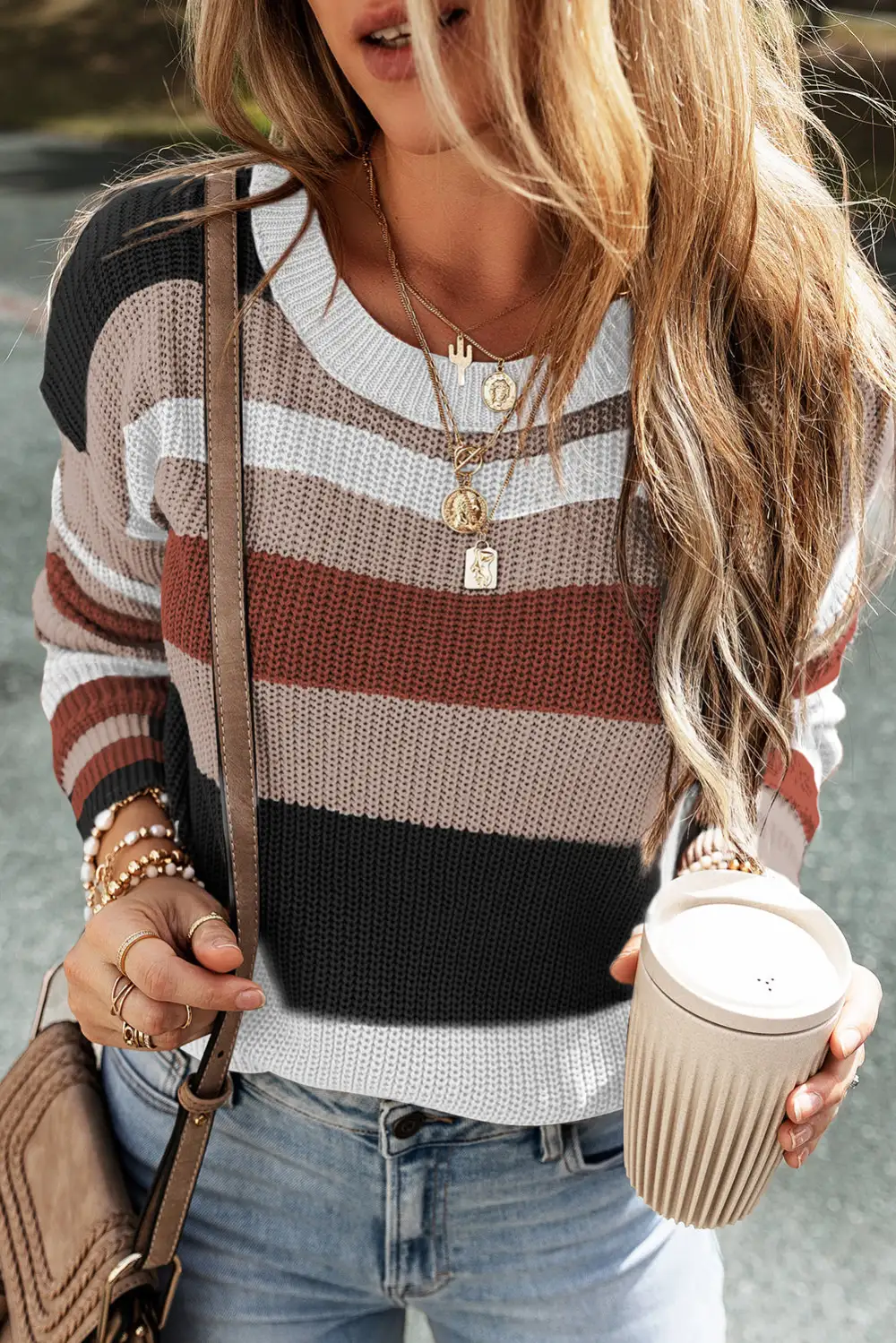 Classic Round Neck Color Block Knit Sweater