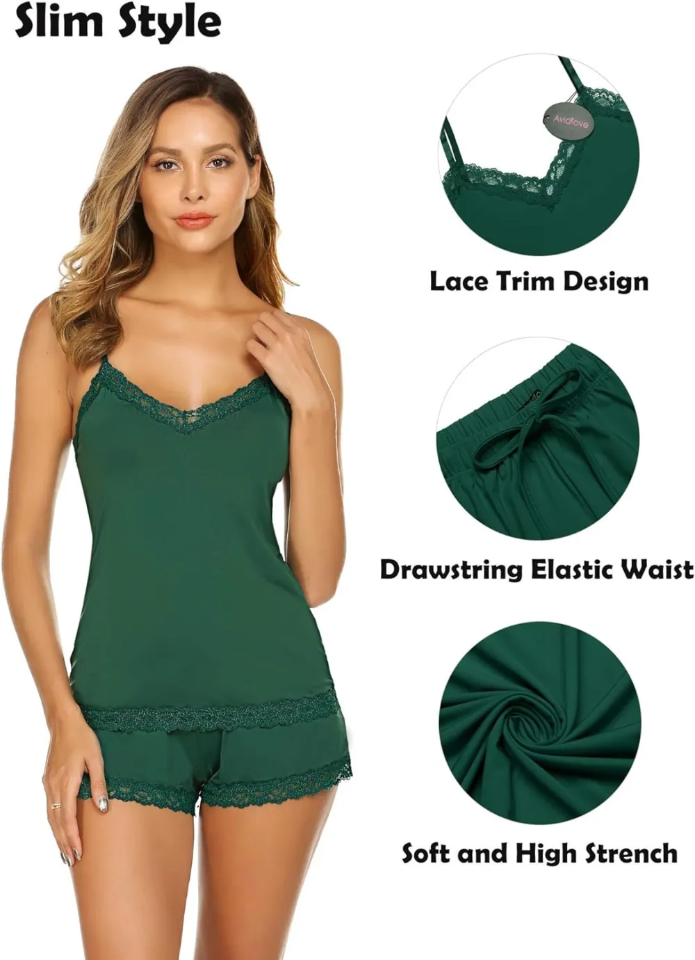 Women Cami Pajama Set Modal Sleepwear Lace Trim Short PJ Set with Shorts