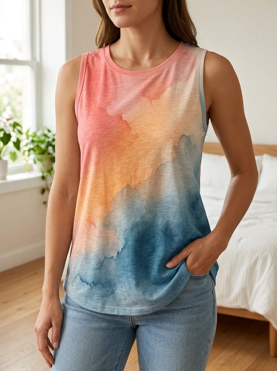 Women's Watercolor Gradient Sunset Printed Tank Top
