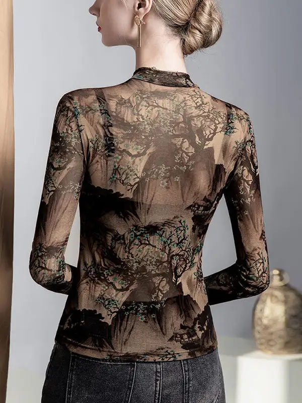 Long Sleeve Curve Fit Asymmetric Mesh Sheer Panel Detail Round Neck T-Shirt