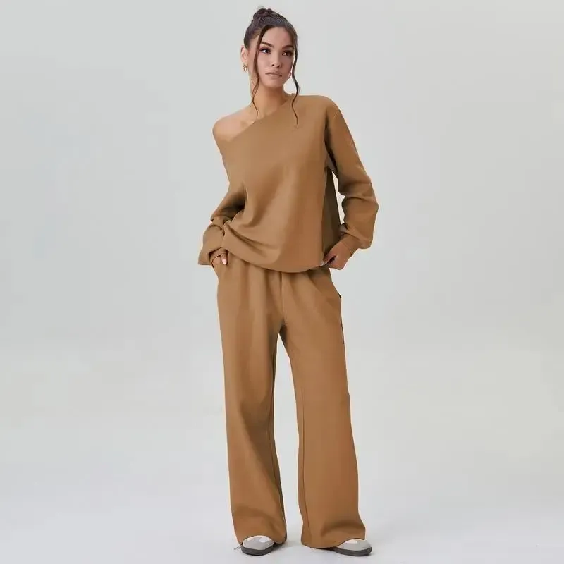🔥Last Day 89% OFF🔥Women's Leisure Solid Color Sloping Shoulder Long Sleeve Top & Wide Leg Trousers Co-ord