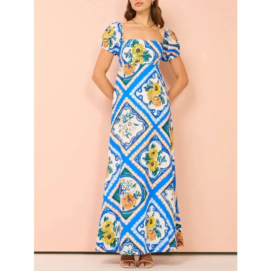 Printed Square Neck Puff Sleeve Maxi Dress