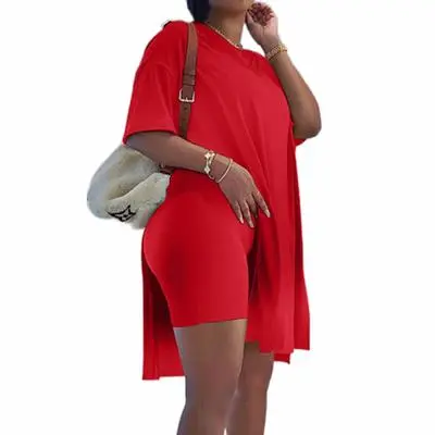 Women Plus Size 2 Piece Outfits Short Sleeve Tunic Tops And Skinny Biker Shorts Sets Tracksuits Womenswear Bodycon Split Hem Lounge