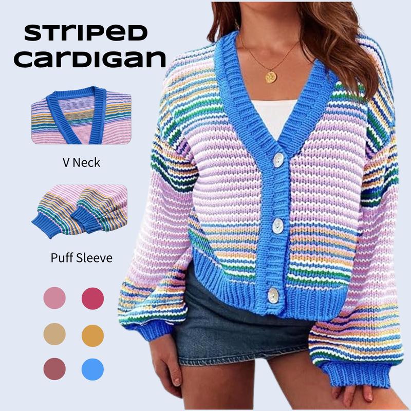 Womens Striped Cardigan Sweaters Oversized Puff Sleeve Button Up V Neck Color Block Knit Sweater Coat