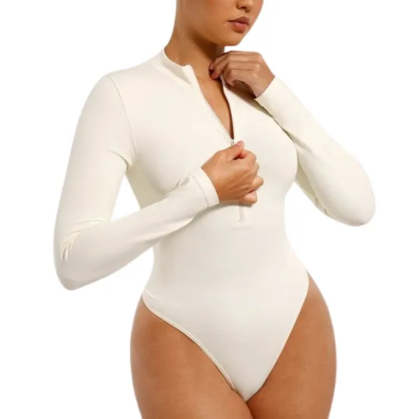 Zip Front Long Sleeve Thong Bodysuit