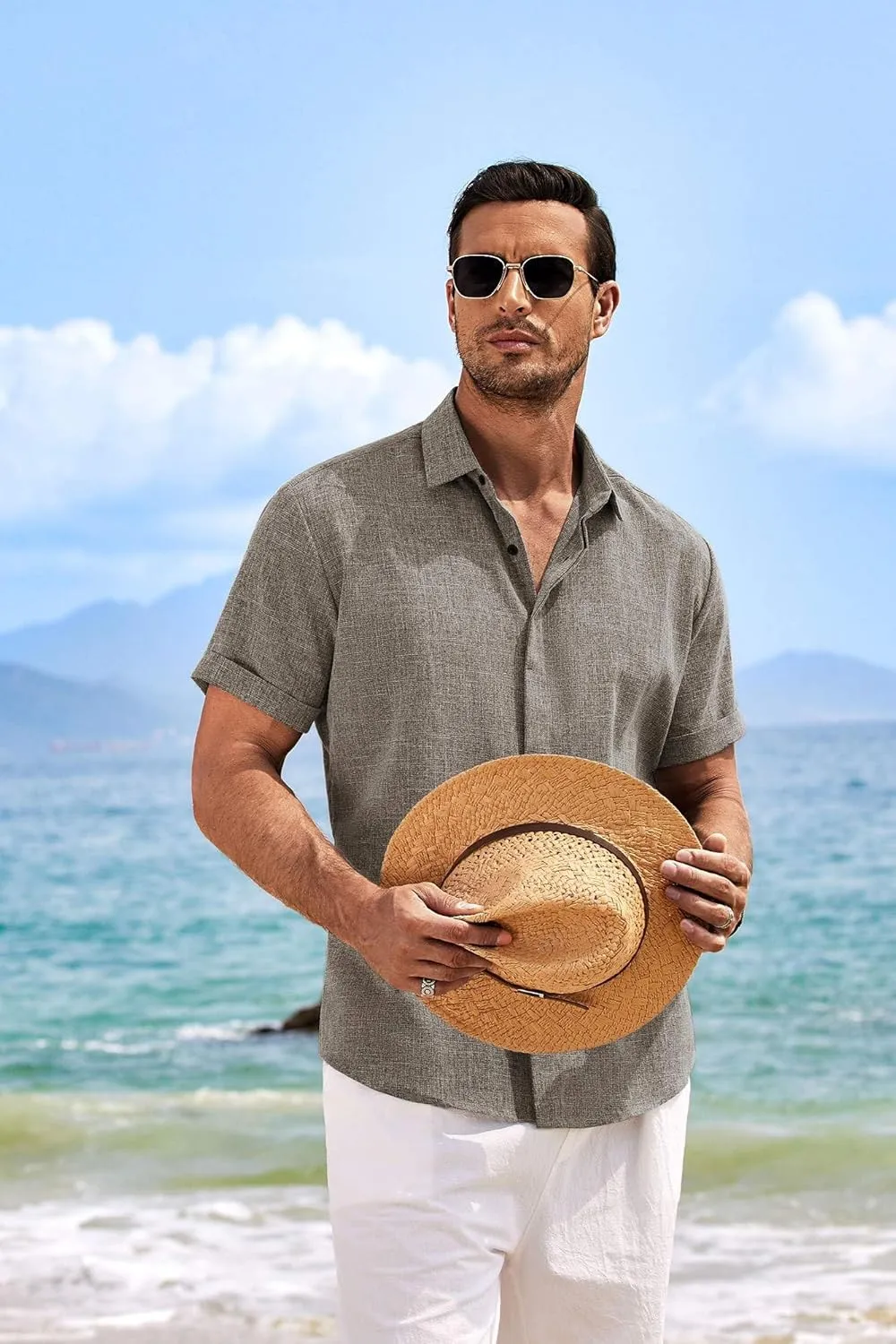 Men's Linen Shirts Short Sleeve Casual Shirts Button Down Shirt for Men Beach Summer Wedding Shirt