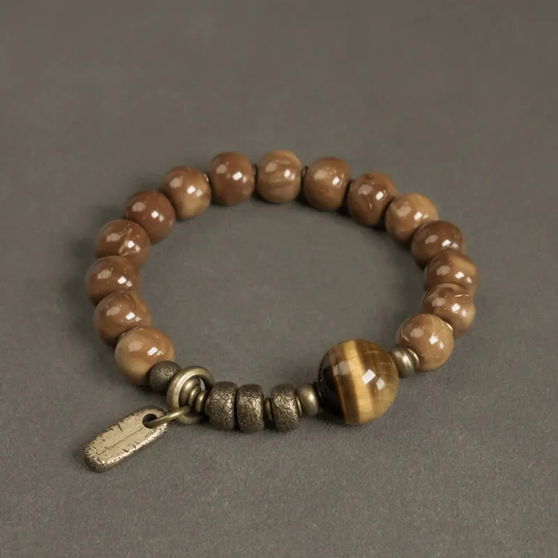 Kuka Seed Tiger Eye Obsidian Brass Copper Bracelet