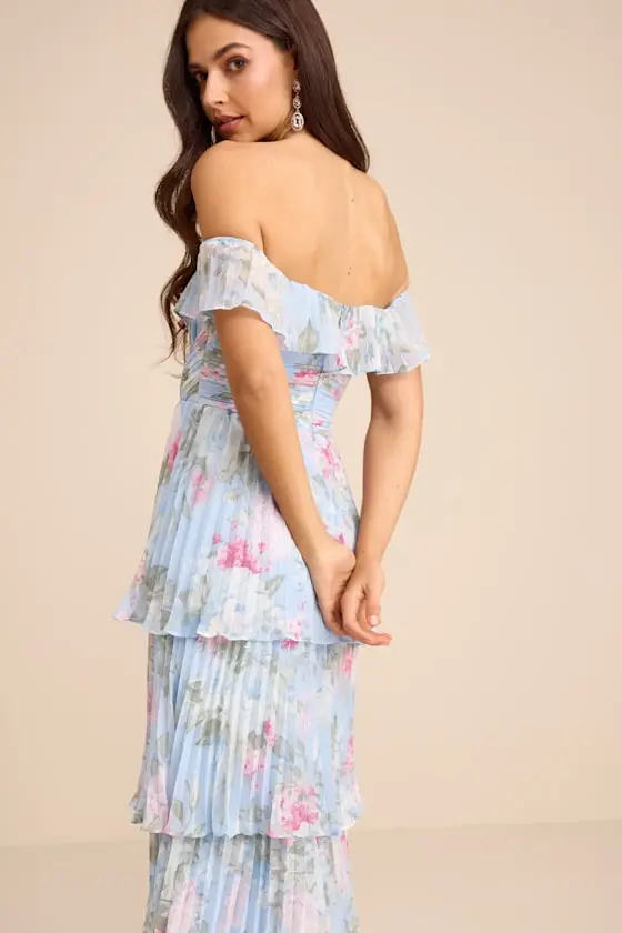 Always Remarkable Light Blue Floral Off-the-Shoulder Maxi Dress