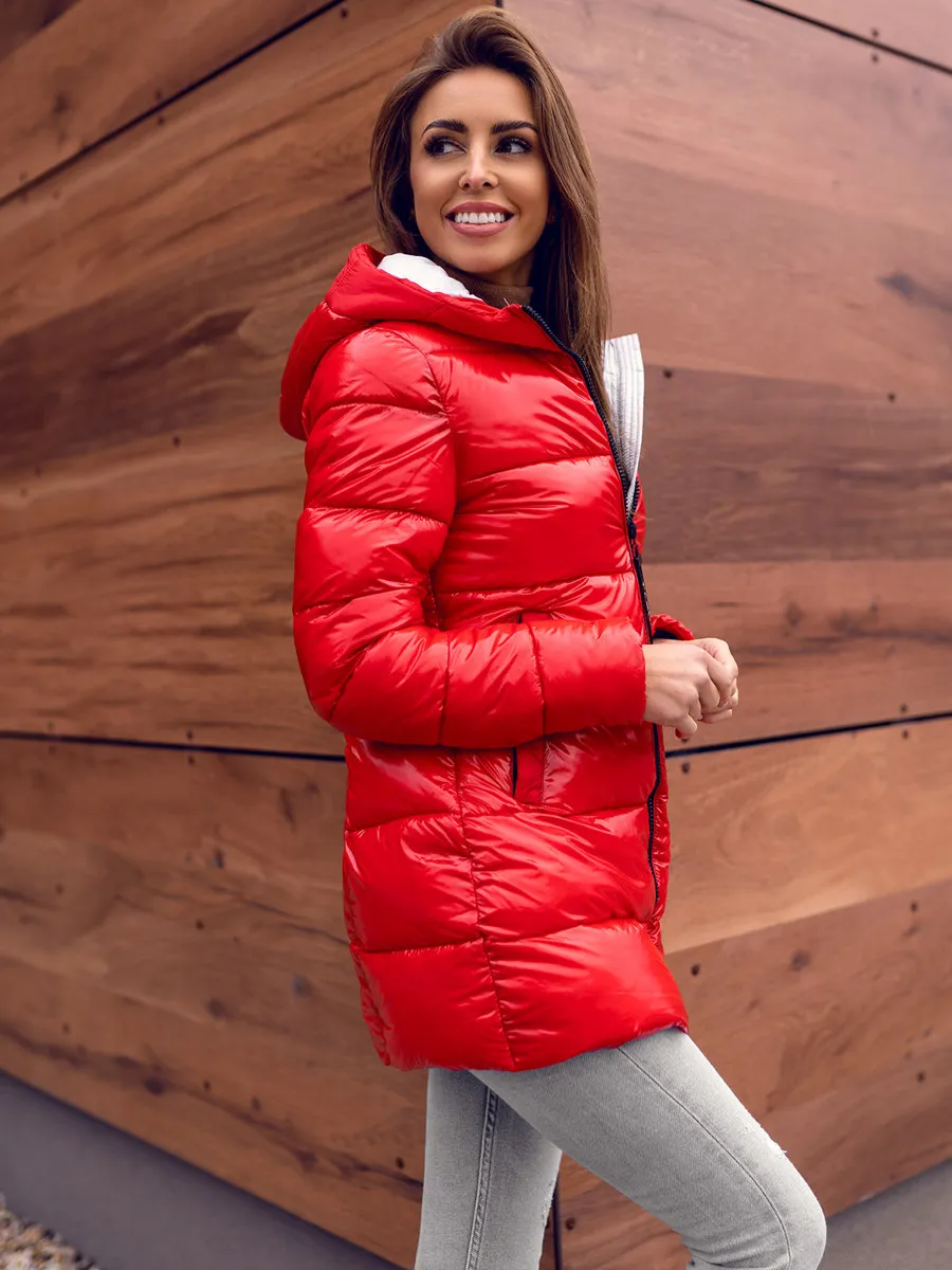 women's red quilted winter jacket with hood