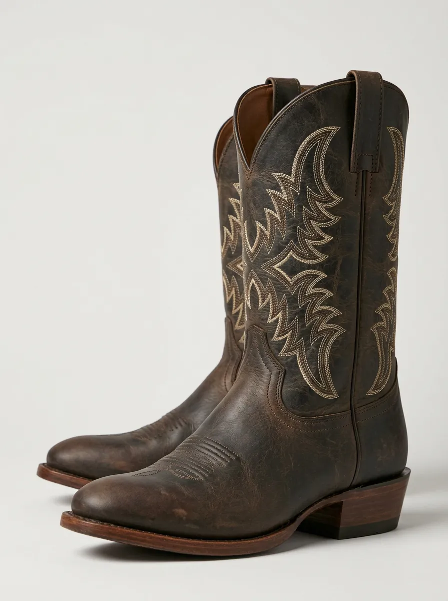 Men's Western Tonal-Embroidery Rounded-Toe Mid-Calf Pull-Tab Vamp-Stitch Cowboy Boots