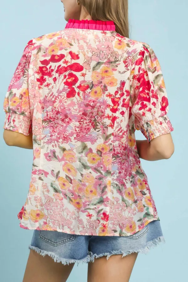 Floral Contrast Pleat Neck Top