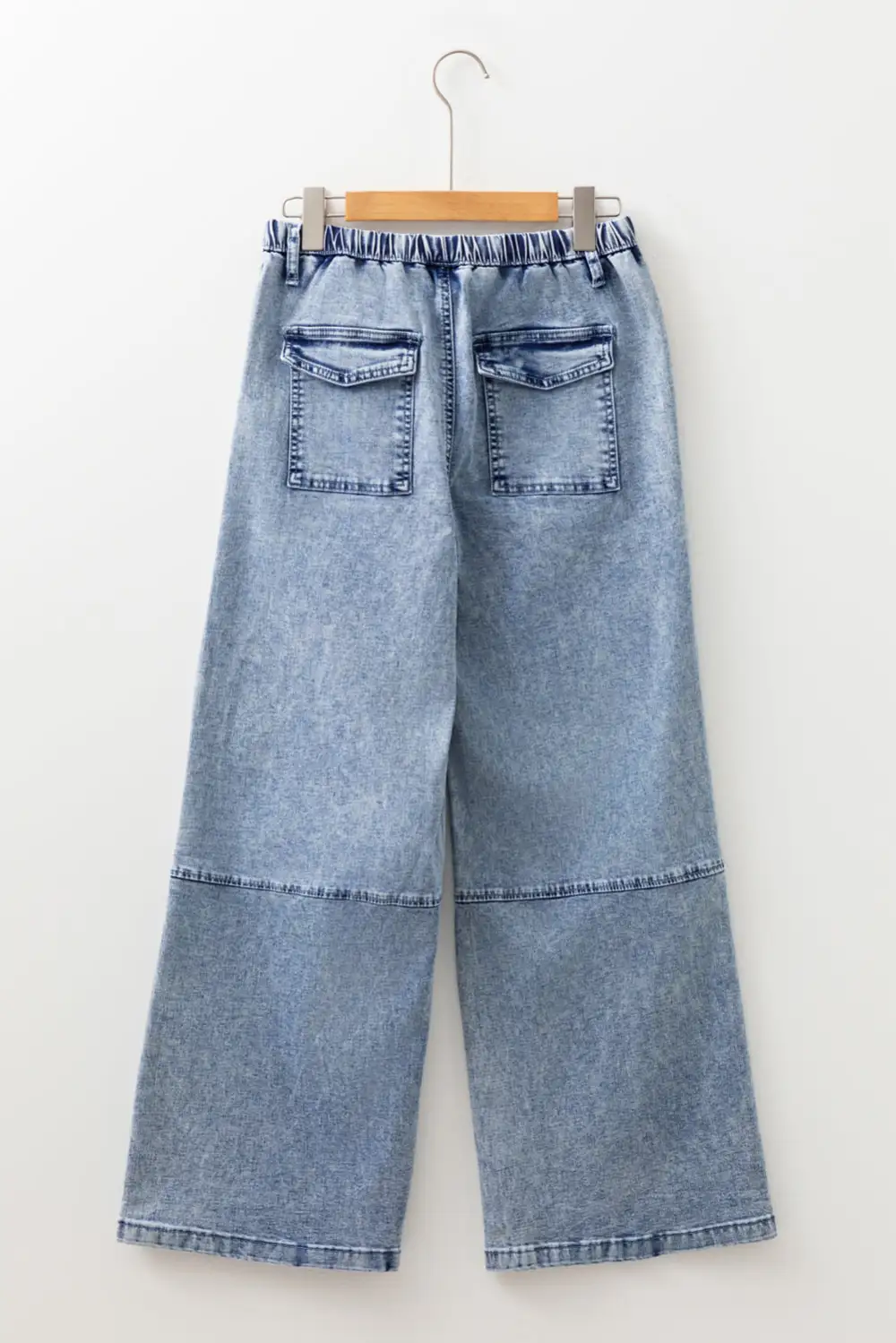 Acid Wash Exposed Seam Drawstring Elastic Waistband Jeans