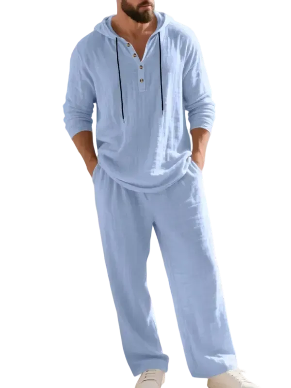 Men's fashionable linen hooded two-piece set, casual vacation style