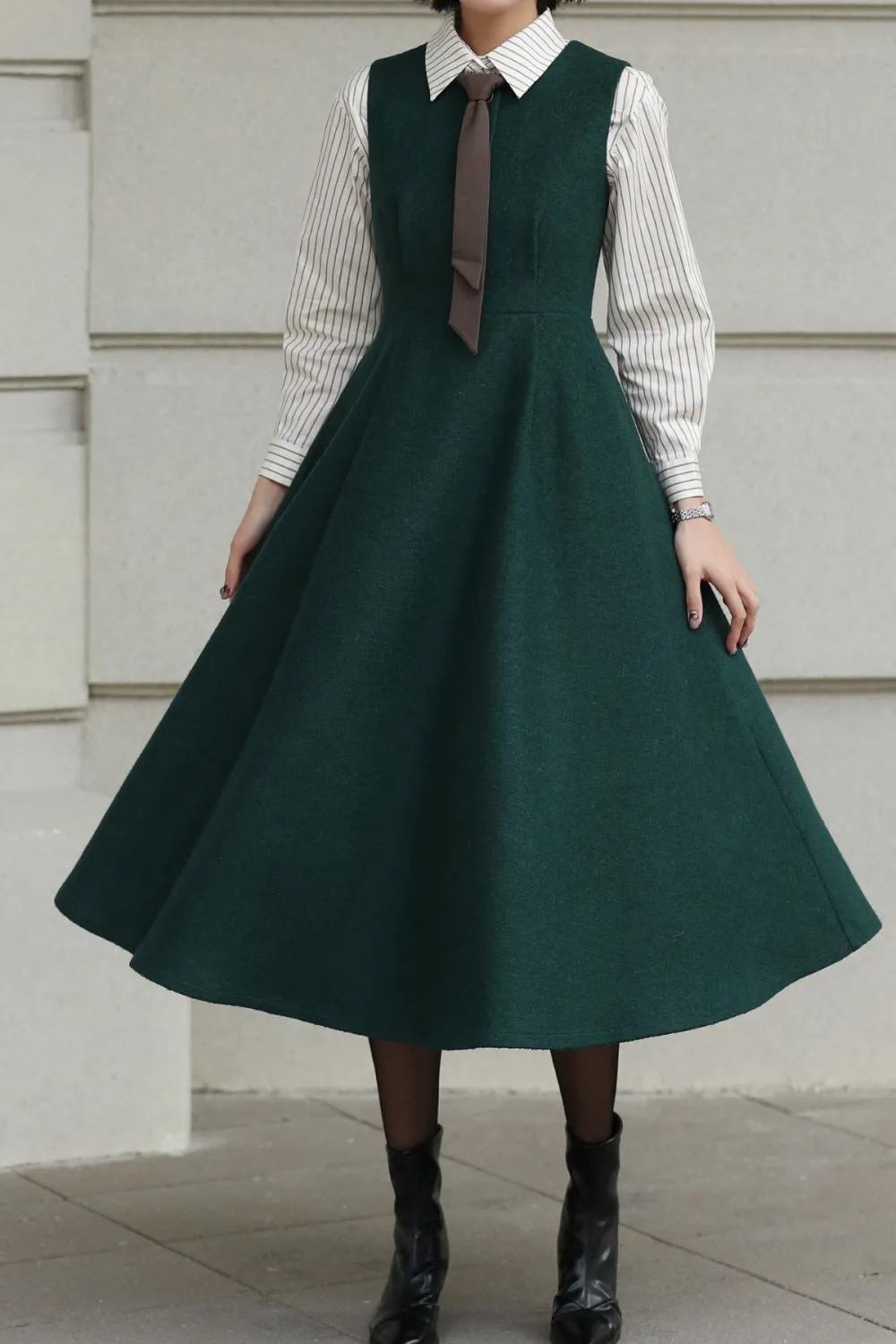 Wool Blend Fit And Flare A Line Sleeveless Midi Dress