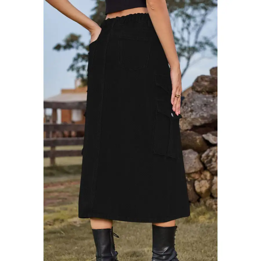 Slit Front Midi Denim Skirt with Pockets