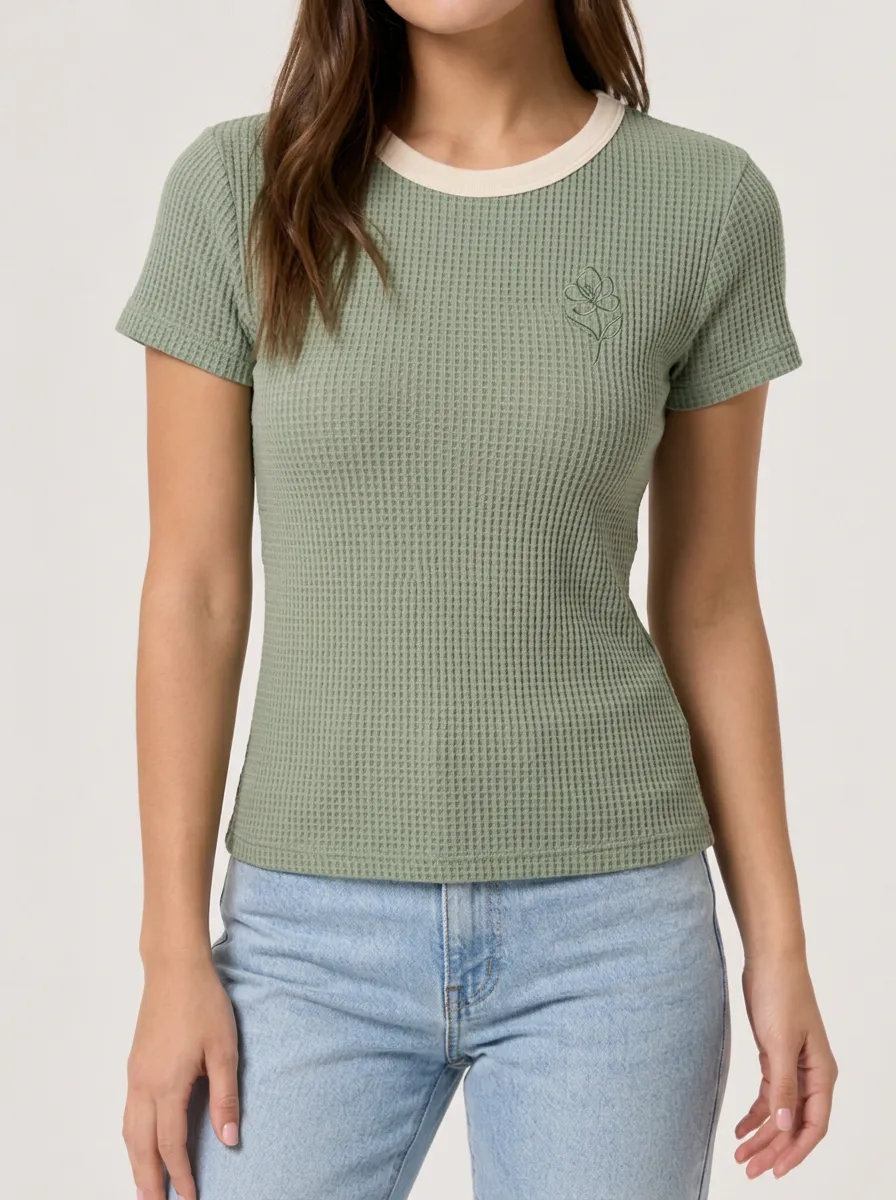 Women's Minimalist Floral Waffle Knit Embroidered Top