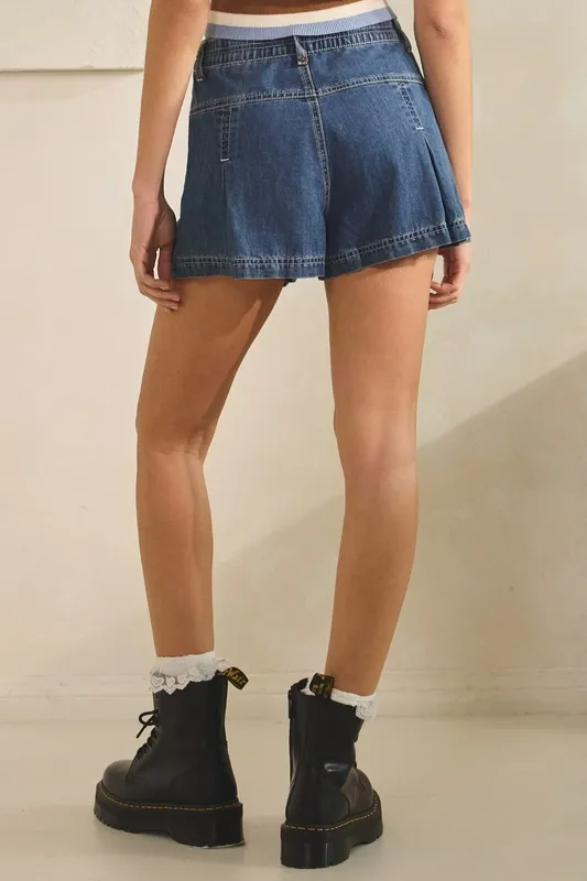Pleated Denim Shorts