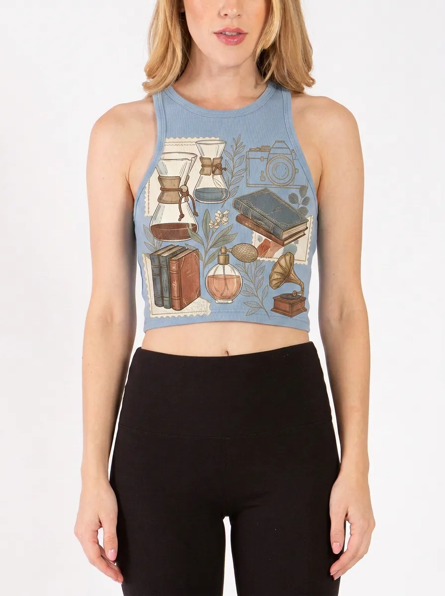 Women's Vintage Aesthetic Coffee Book Camera Printed Crop Top