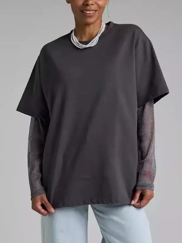 Layered Look Relaxed Sheer Panel Detail Sun Protection Round Neck T-Shirt