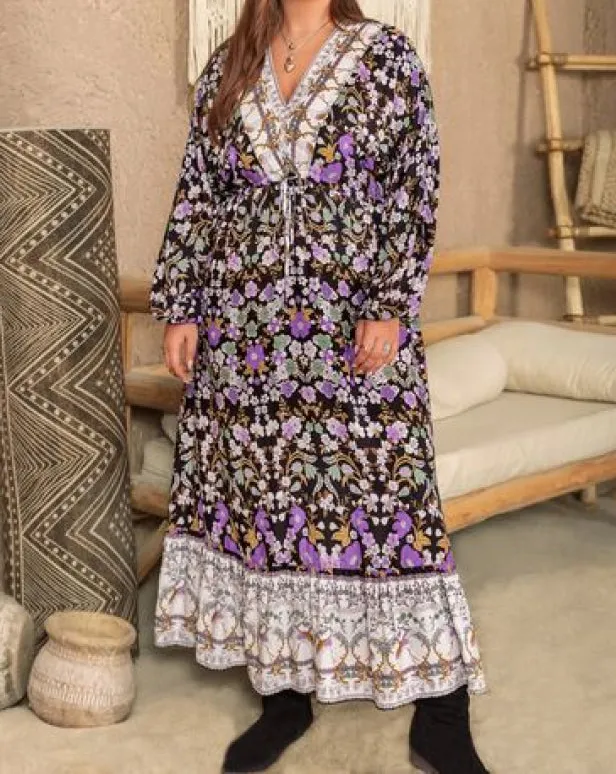Plus Plus Size V-Neck Balloon Sleeve Midi Dress