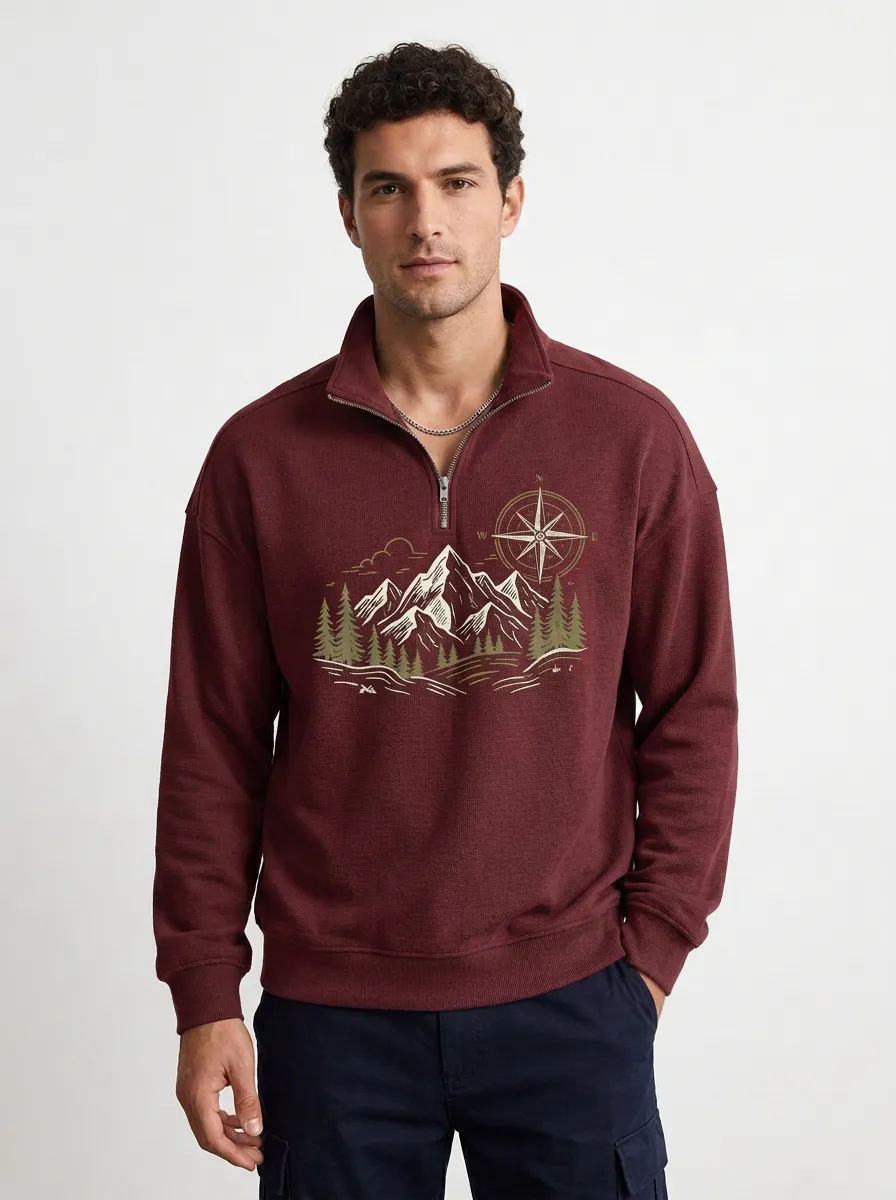 Men's Ridge Outdoor Mountain Compass Graphic Zip-Neck Sweatshirt