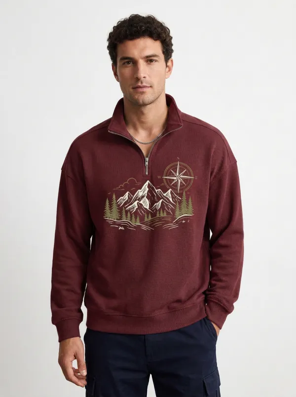 Men's Ridge Outdoor Mountain Compass Graphic Zip-Neck Sweatshirt