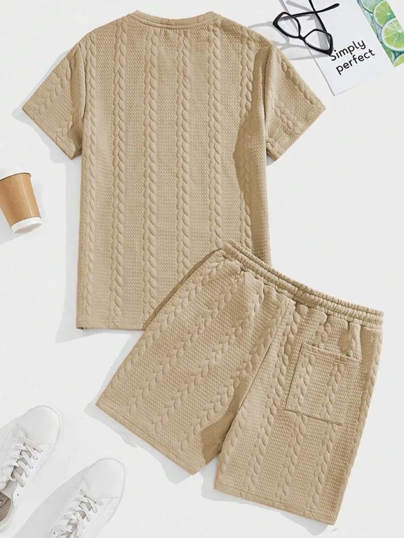 Men's Solid Textured Patched Tee & Drawstring Waist Shorts Set