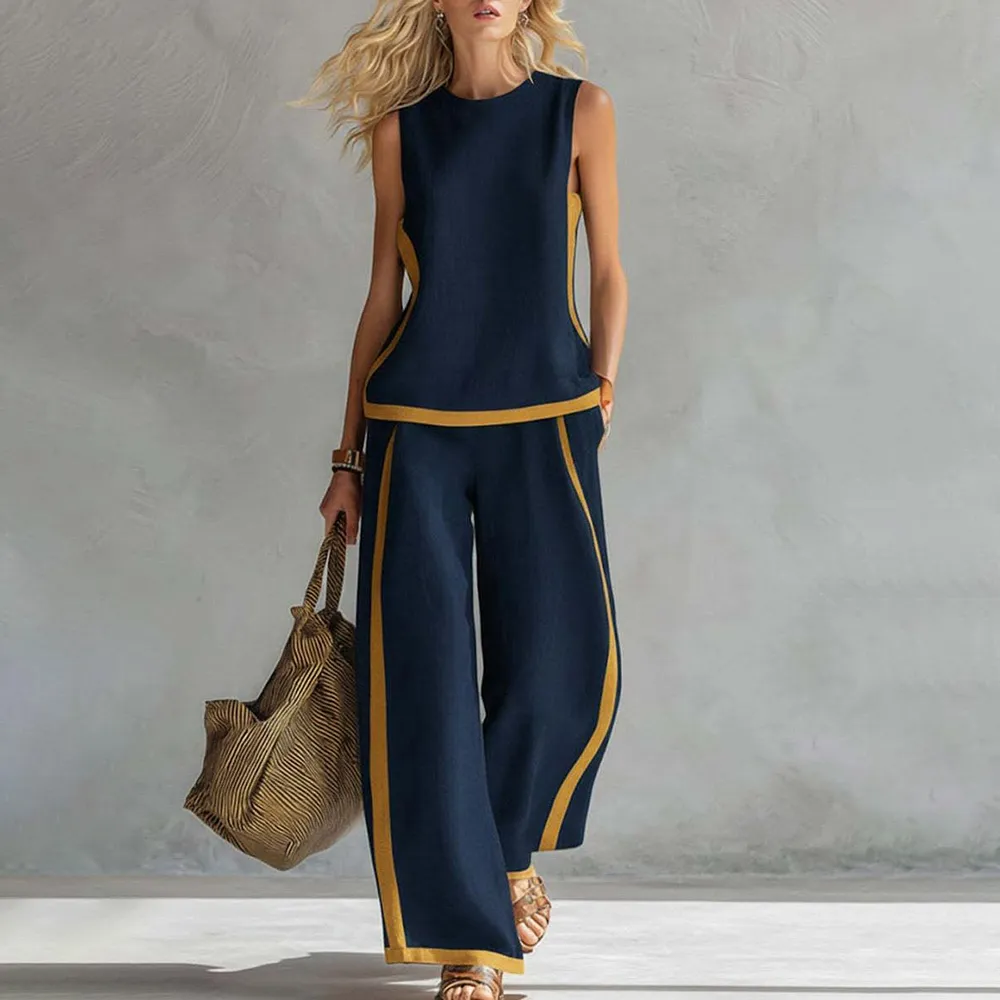 Linen Blend 2-Piece Set for Women Sleeveless Color Block Top Wide Leg Pants Set