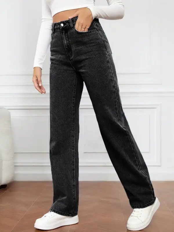 High Waist Straight Leg Washed Denim Jeans
