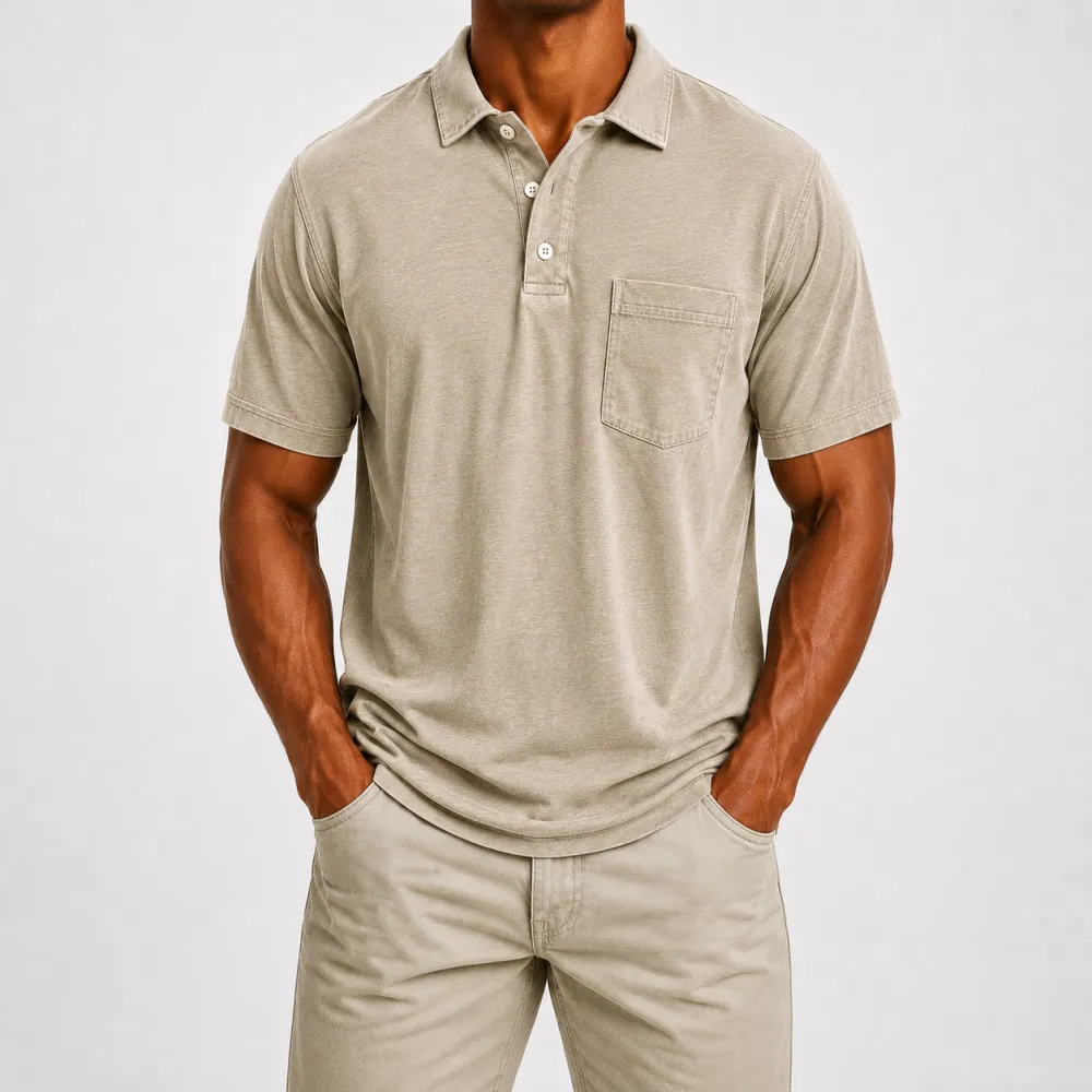 Men's Washed Cotton Blend Pocket Polo Shirt, Lightweight Breathable 3-Button Relaxed Fit