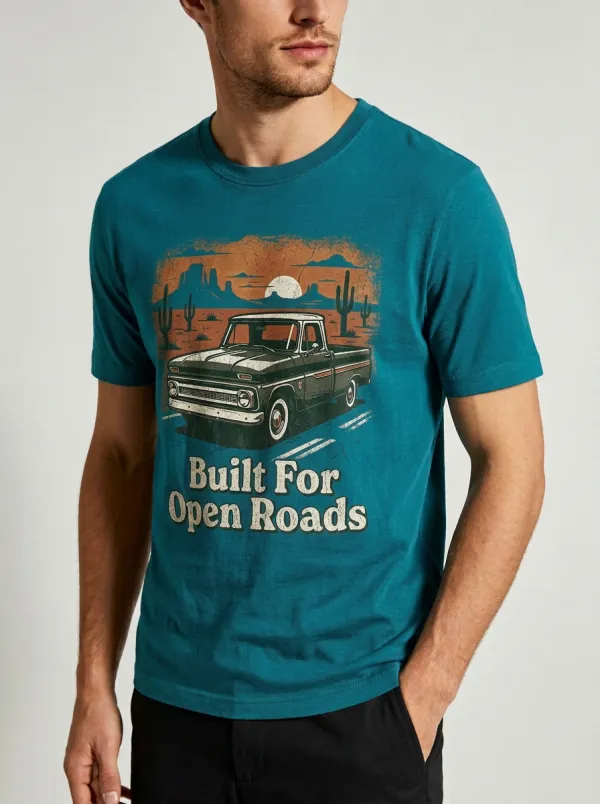 Men's Vintage Truck Desert Landscape Built For Open Roads Printed T-shirt
