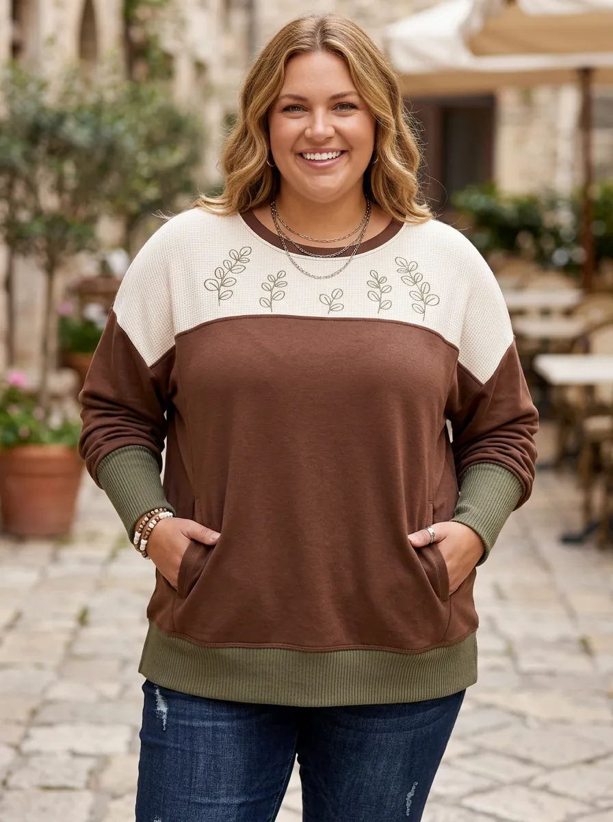 Women's Plus Size Nature Lover Leaf Embroidered Printed Sweatshirt