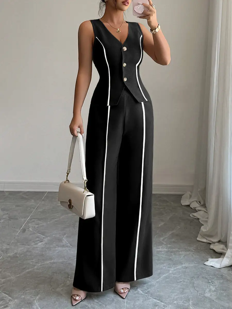 Sleeveless Buttoned Blouse And Pants Set