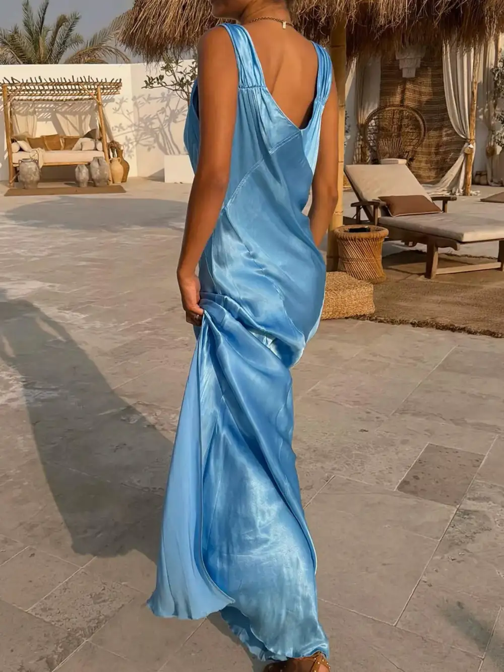 Satin V Neck Slit Maxi Dress
