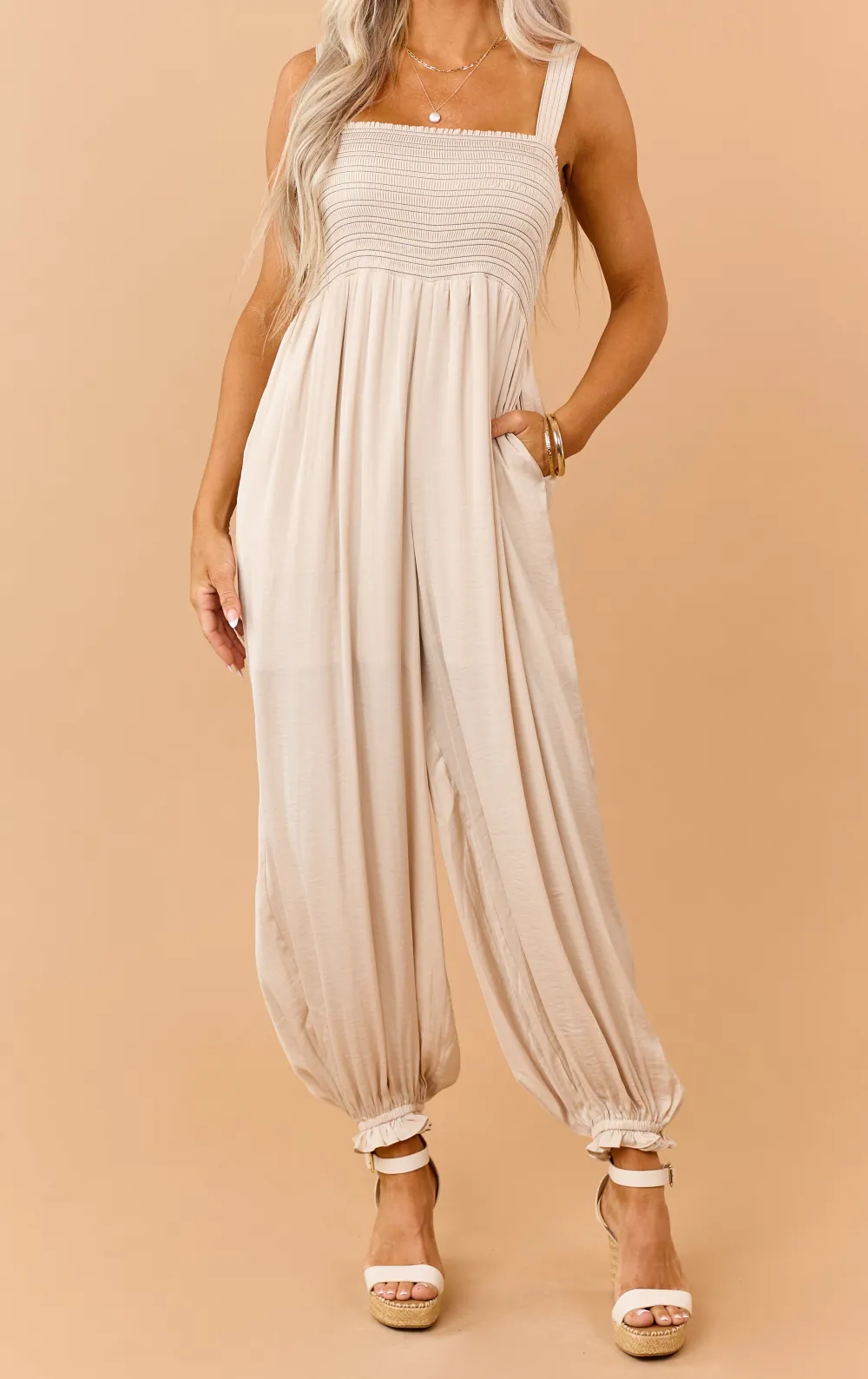 Contrast Stitch Smocked Bodice Jumpsuit