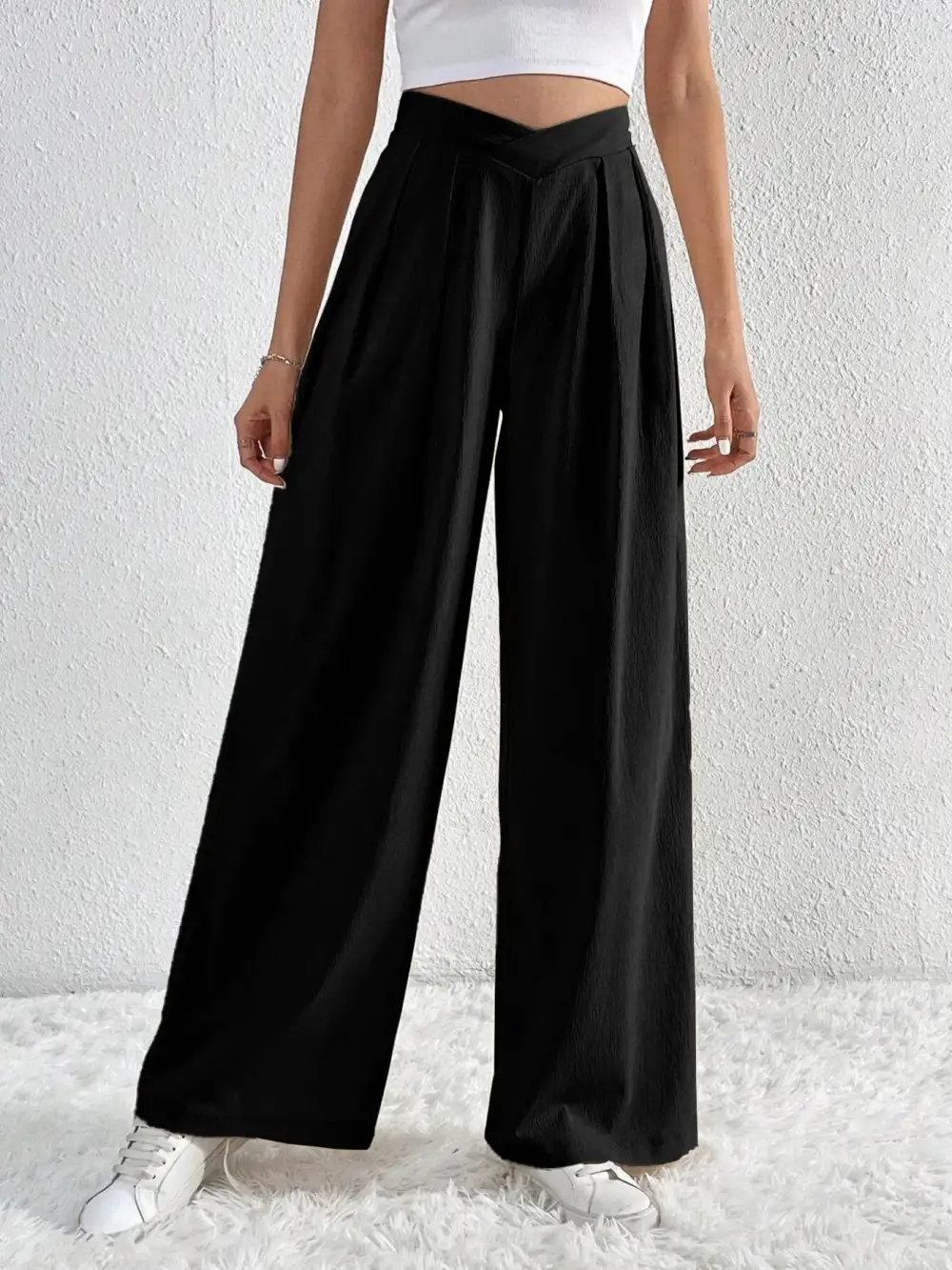V Waisted Ruched Front Wide Leg Pants