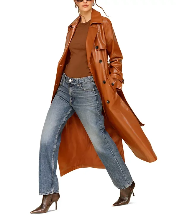 Caramel Color Faux Leather Trench Coat