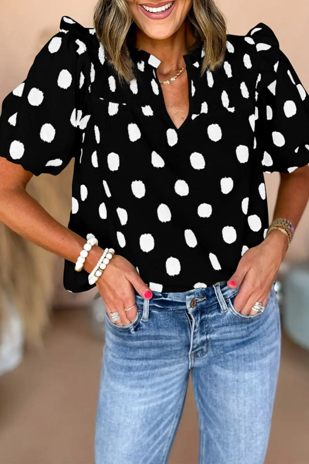 Smocked Dot Texture Blouse