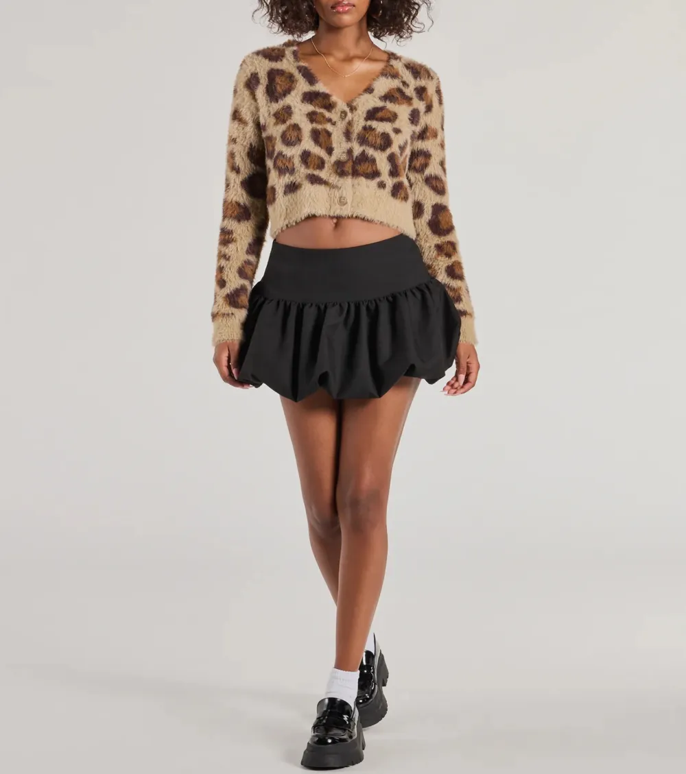 Leopard Print Eyelash Knit Cropped Cardigan