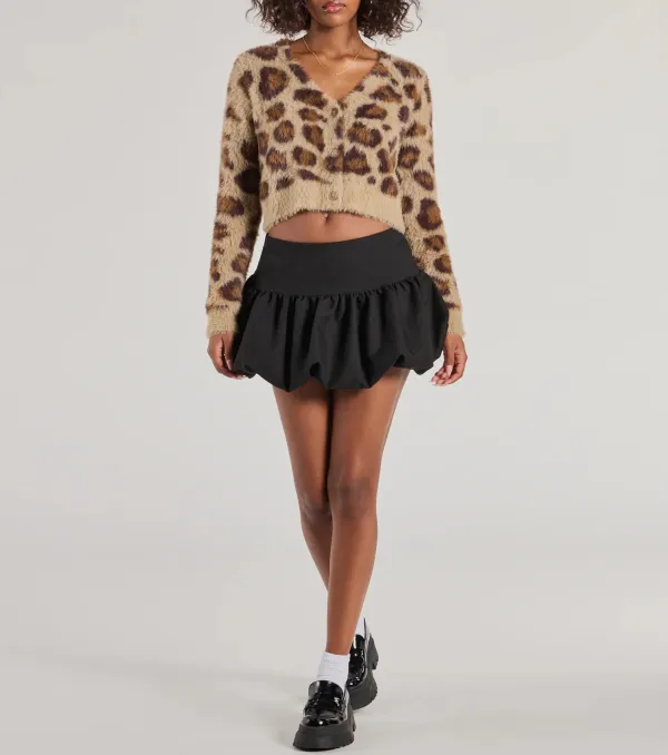 Leopard Print Eyelash Knit Cropped Cardigan