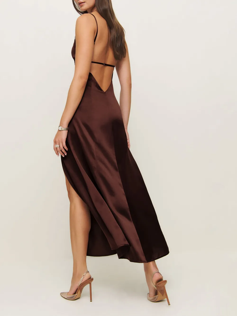 Spaghetti Strap Slit Hem Silk Midi Dress