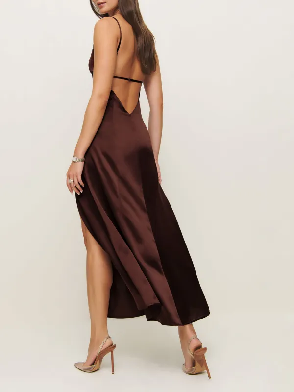 Spaghetti Strap Slit Hem Silk Midi Dress
